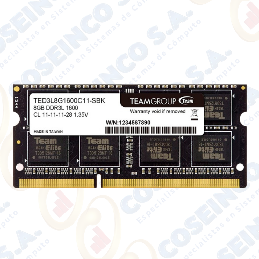 Memoria TeamGroup, 8GB, DDR3L, SODIMM, 1600MHz, CL11-11-11-28, 1.35V / TED3L8G1600C11-S01