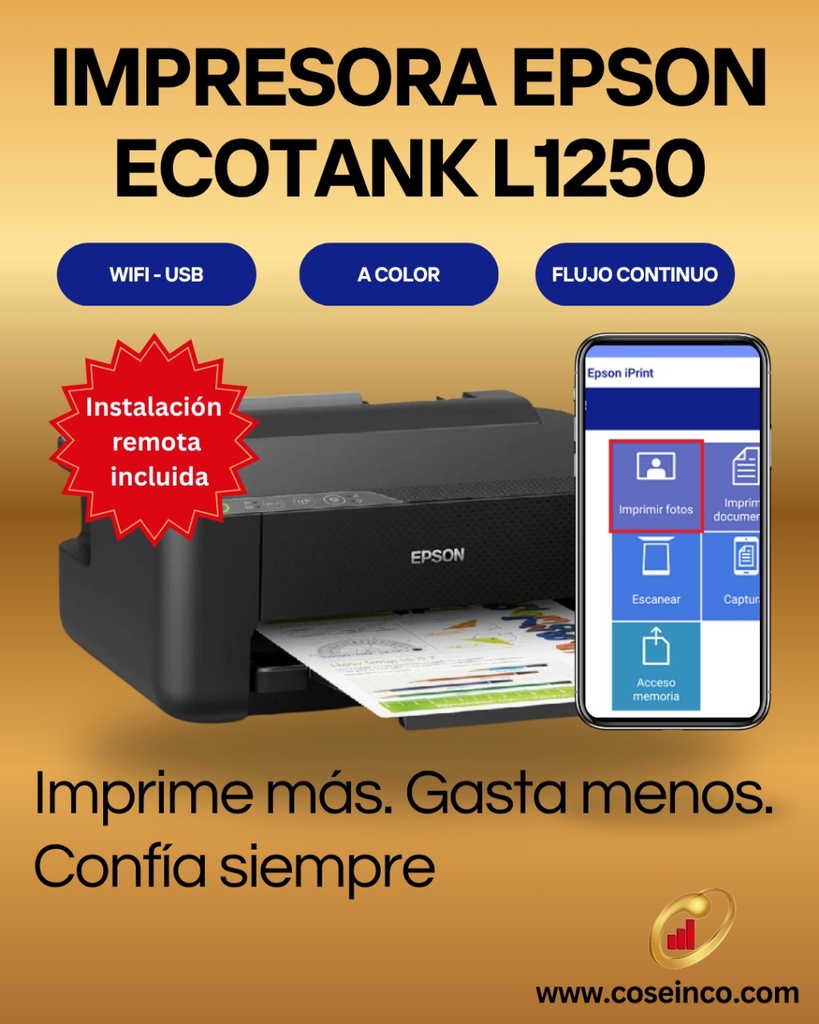 Impresora de tinta Epson EcoTank L1250, Imprime / Inalambrica / USB de alta velocidad / C11CJ71301