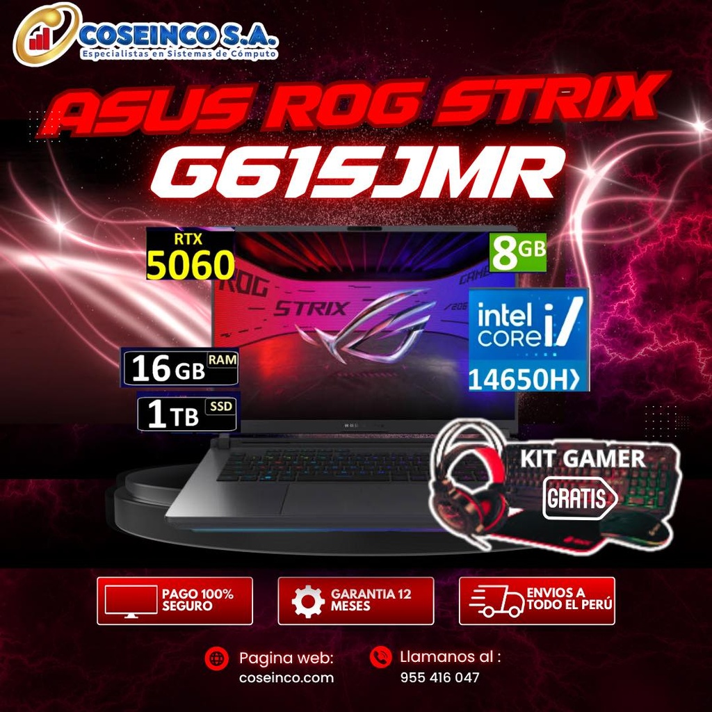 ASUS ROG Strix G16 G615JMR Gaming Laptop, 16" FHD+ IPS 165Hz Display, Intel Core i7-14650HX, 16GB RAM, 1TB SSD, GeForce RTX 5060 8GB, English K/B, Win11, Eclipse Gray / 90NR0LB1-M000M0