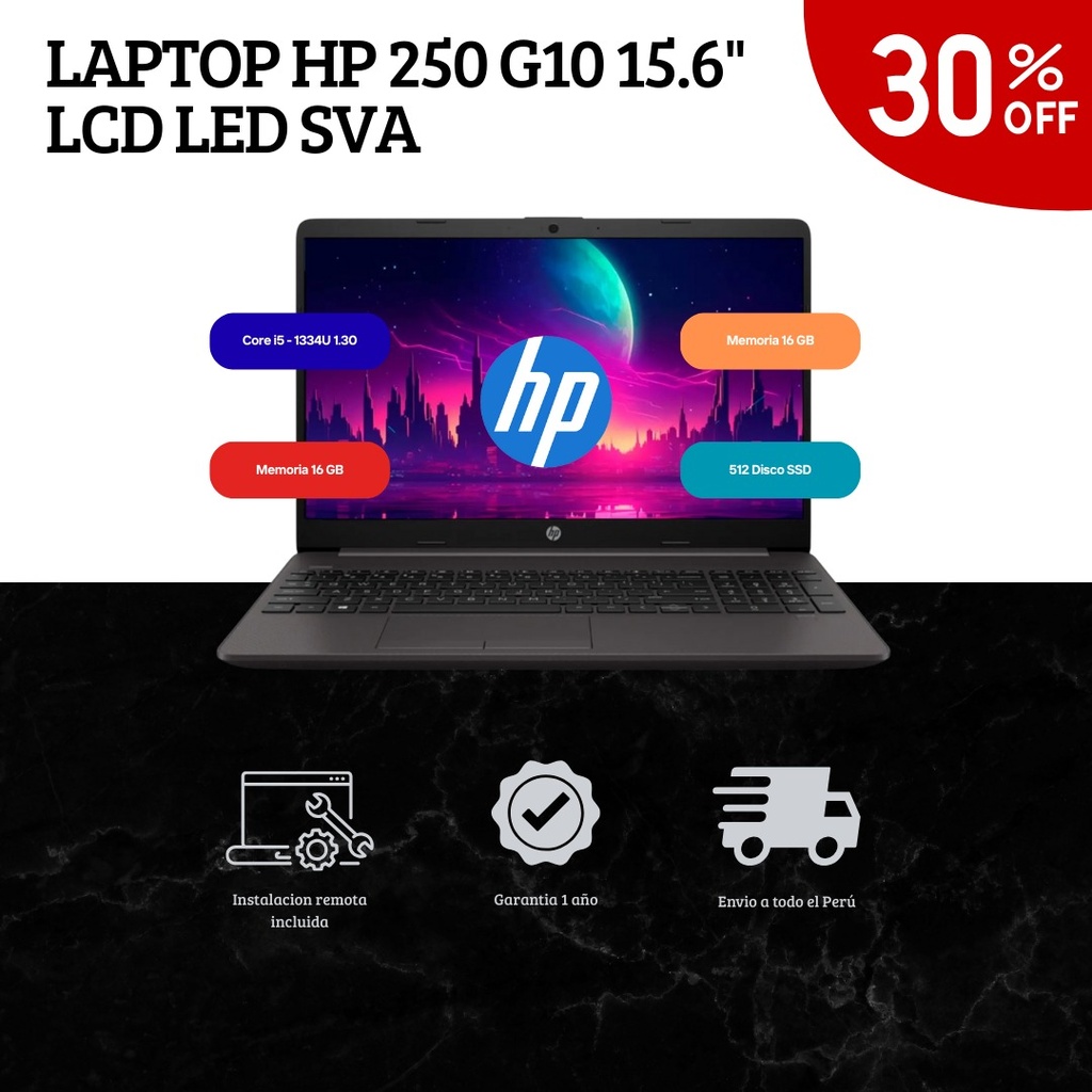 LAPTOP HP 250 G10 / 15.6" LCD LED HD SVA /CORE i5-1334U 1.30/4.60GHz / Memoria 16 GB DDR4-3200MHz/512 Disco SSD/SISTEMA FREE DOS / B5UW7AT#ABM